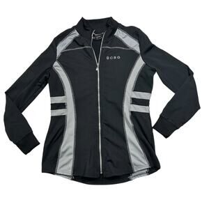 BCBG Maxazria Sz L Track Jacket Black Silver Full Zip Stretch Gym Activewear